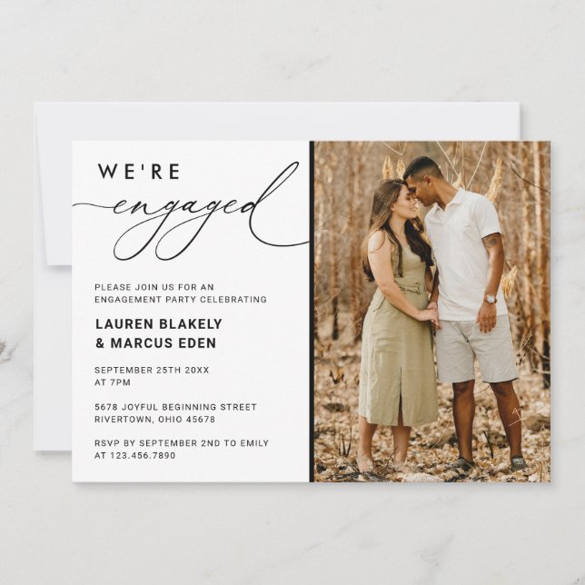 Photo Calligraphy We're Engaged Engagement Party Invitation (Front)
