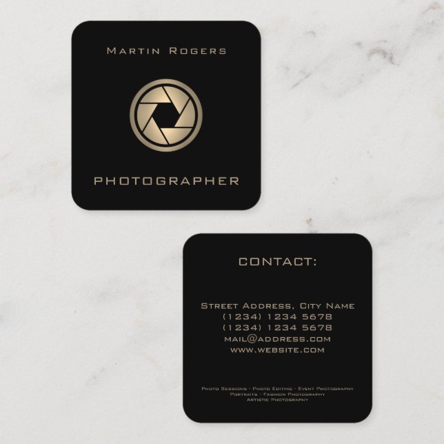Photo camera lens artistic cover square business card (Front/Back)