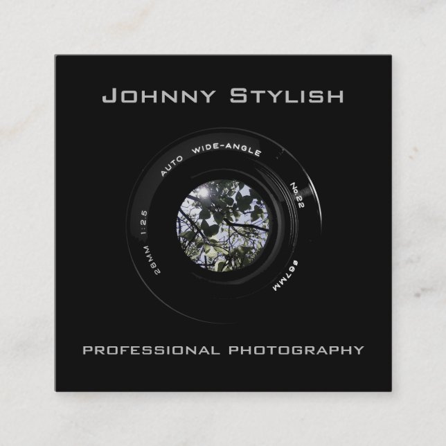 Photo camera lens artistic cover square business card (Front)
