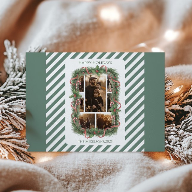 Photo Candy Cane Wreath Family Christmas Holiday Card (Creator Uploaded)