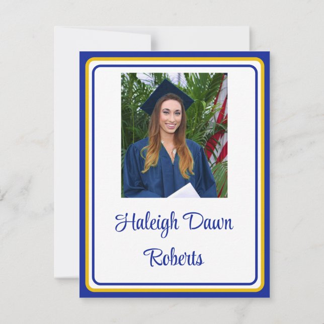 Photo Cap & Diploma Royal Blue & Gold Graduation Invitation (Back)