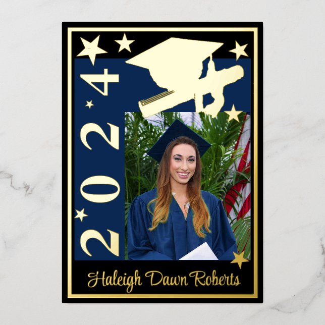 Photo Cap, Diploma, Stars, Blue & Black Graduation (Front)