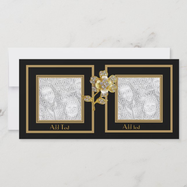Photo Card Black Gold Flower Double Frame (Front)