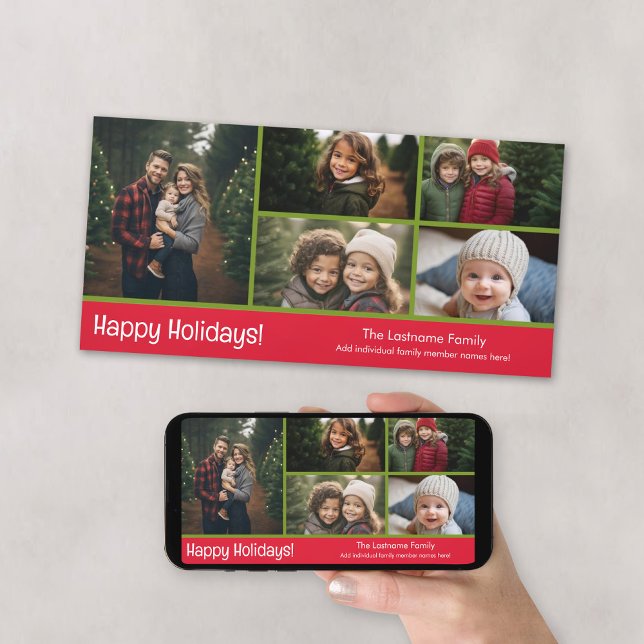 Photo Card: Happy Holidays with 5 photo collage Holiday Card (Add 5 photos and either print or download - online Christmas Card)
