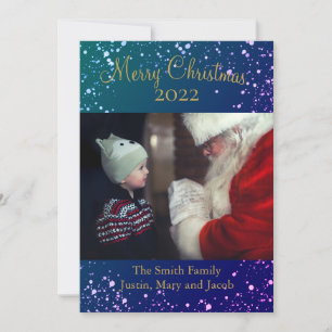  Photo Card Snow Merry Christmas Blue Gold 