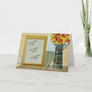 Photo Card with Fan, Flowers in Vase, Wooden Frame