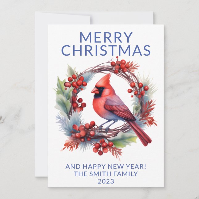 Photo Cardinal Wreath Blue Holiday Card (Front)