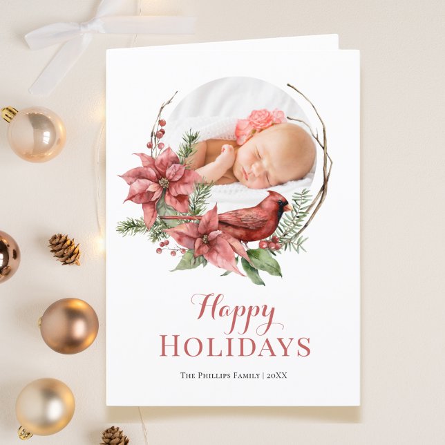 Photo Cardinal Wreath Christmas Holiday Card (Creator Uploaded)