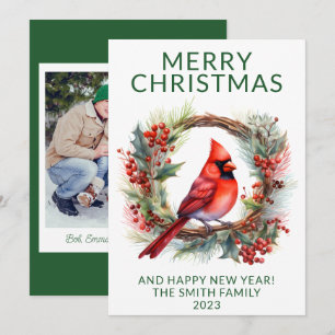 Photo Cardinal Wreath Green Holiday Card