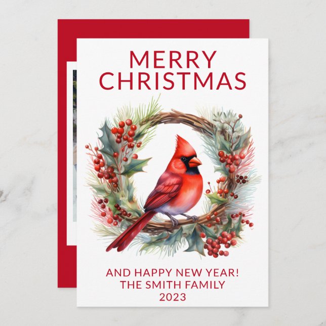 Photo Cardinal Wreath Red Holiday Card (Front/Back)