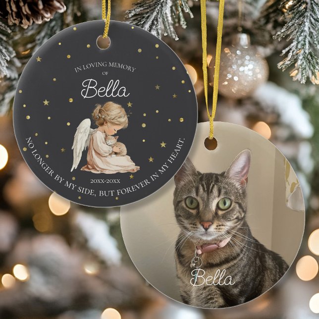 Photo Cat Pet Memorial  Ceramic Tree Decoration (Front and Back of Photo Pet Memorial Ornament with Angel )