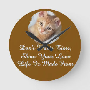 Photo. Cat, Text, replaceable, Round Clock