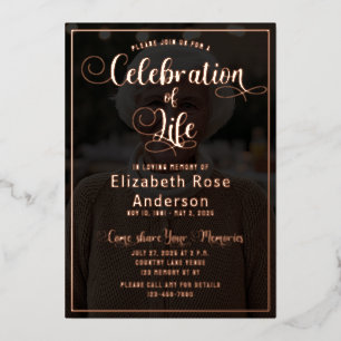 Photo Celebration of Life RoseGold Foil Invitation