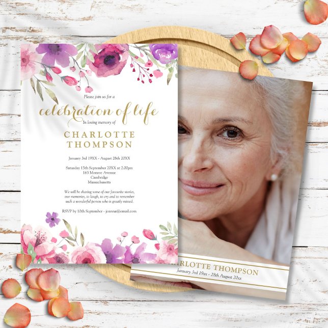 Photo Celebration of Life Watercolor Floral Invitation (Photo Celebration of Life Watercolor Floral Invitation)
