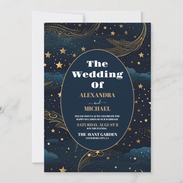 Photo Celestial Crescent Moon Gold Wedding Invitation (Front)