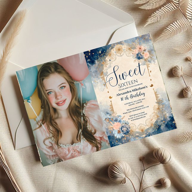 Photo Celestial Floral Art Nouveau Sweet Sixteen Invitation (Creator Uploaded)