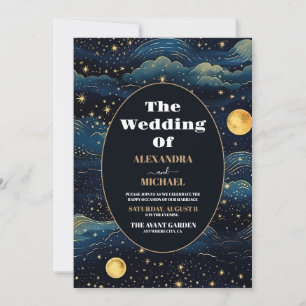 Photo Celestial Midnight Blue Stars Moon Wedding Invitation