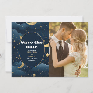 Photo Celestial Midnight Blue Stars Moon Wedding Save The Date