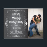 Photo Chalkboard Happy Merry Everything Postcard<br><div class="desc">Curly scribbles and doodles galore decorates this fun and whimsical Christmas greeting chalkboard postcard that features a fun photo of the happy couple.</div>