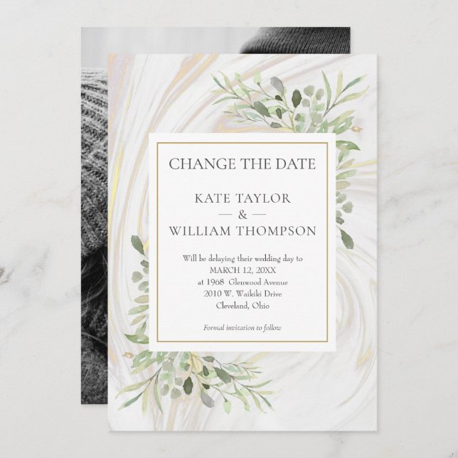 Photo Change the Date Greenery Leaves Marble Swirl Save The Date (Front/Back)
