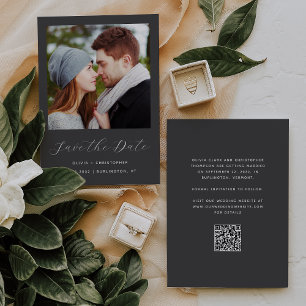 Photo Charcoal Grey Script QR Code Save The Date