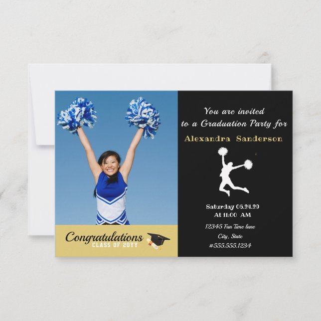 Photo Cheerleader Black Gold graduation party Thank You Card (Front)