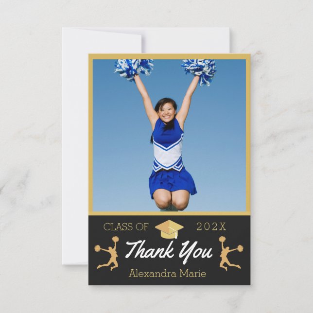 Photo  Cheerleader Black Gold  White graduation  Thank You Card (Front)