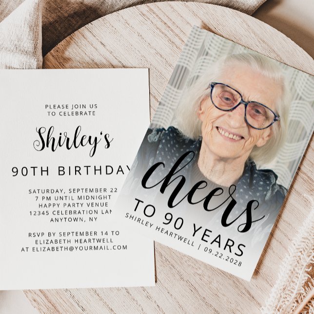 Photo Cheers Black Script 90th Birthday Party Invitation (Creator Uploaded)