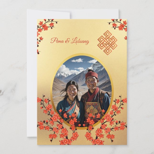 Photo Cherry Blossom Tibetan Wedding Invitation (Front)