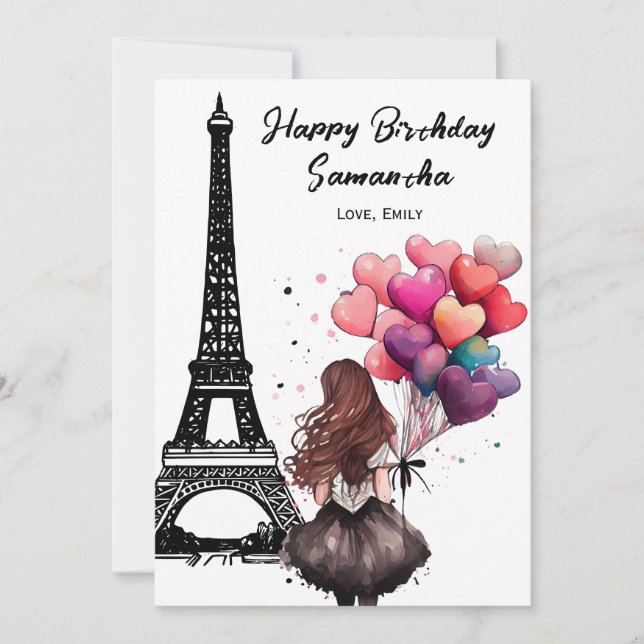 Photo Chic Eiffel Tower, Heart Balloons Birthday Card (Front)