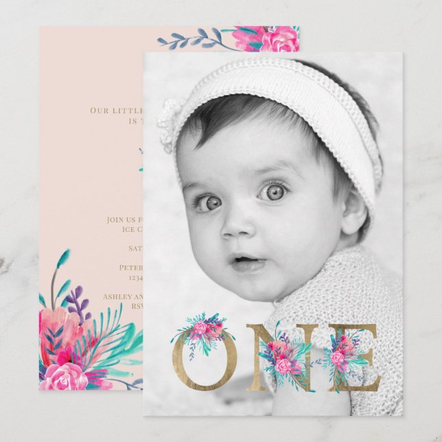 Photo chic gold floral letter 1st birthday blush invitation (Front/Back)