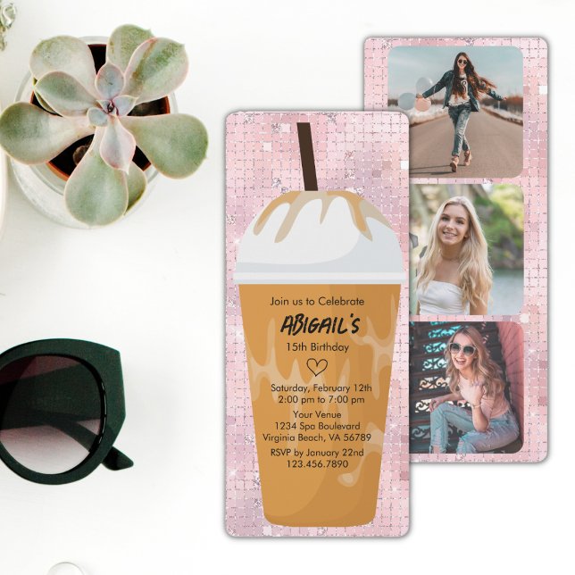 Photo Chic Trendy Glam Pink Iced Coffee Birthday Invitation (Creator Uploaded)