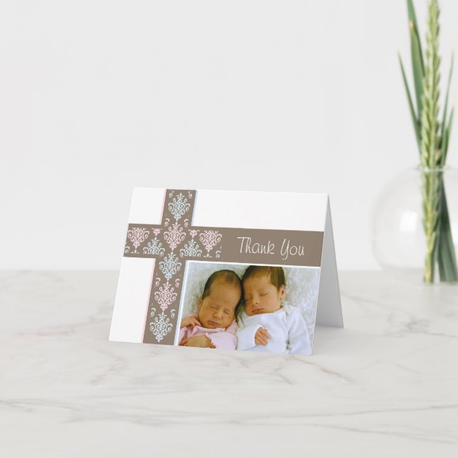 Photo Christening Thank You Card  |  Twins (Front)