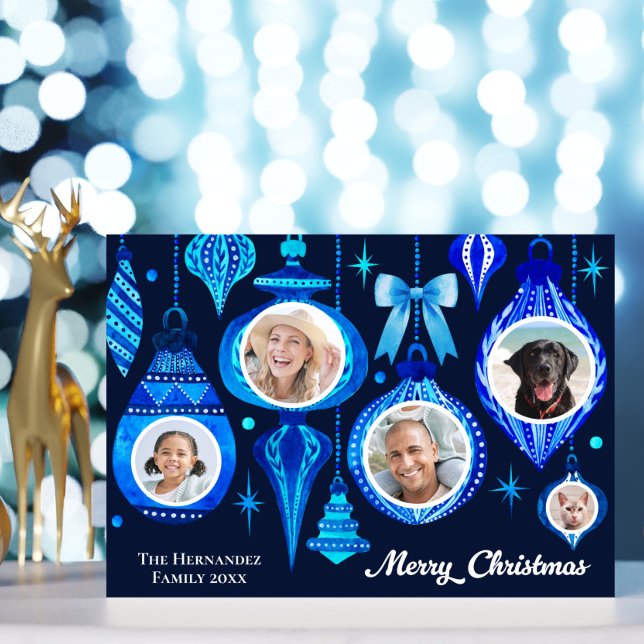 Photo Christmas Bauble Navy Blue Watercolor Family Holiday Card (Photo Christmas Bauble Navy Blue Watercolor Family Holiday Card)