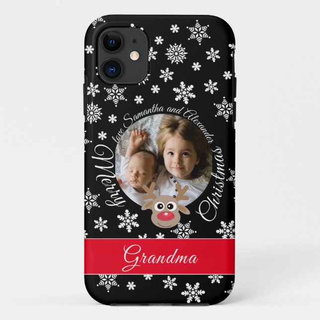 Photo Christmas Black Cute Reindeer White Script Case-Mate iPhone Case (Back)
