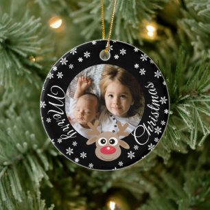 Photo Christmas Black Cute Reindeer White Script Ceramic Tree Decoration