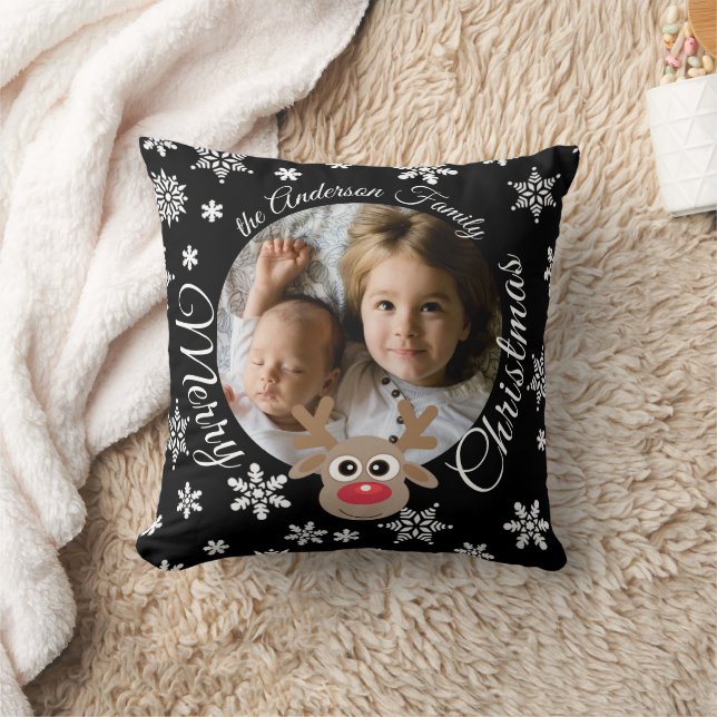 Photo Christmas Black Cute Reindeer White Script Cushion (Blanket)