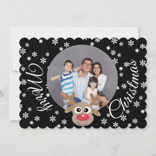 Photo Christmas Black White Script Cute Reindeer Holiday Card