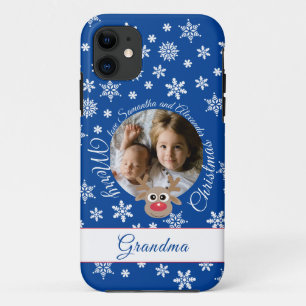Photo Christmas Blue Cute Reindeer White Script iPhone 11 Case