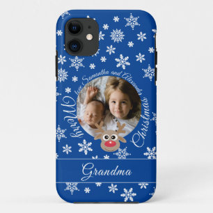Photo Christmas Blue Cute Reindeer White Script iPhone 11 Case