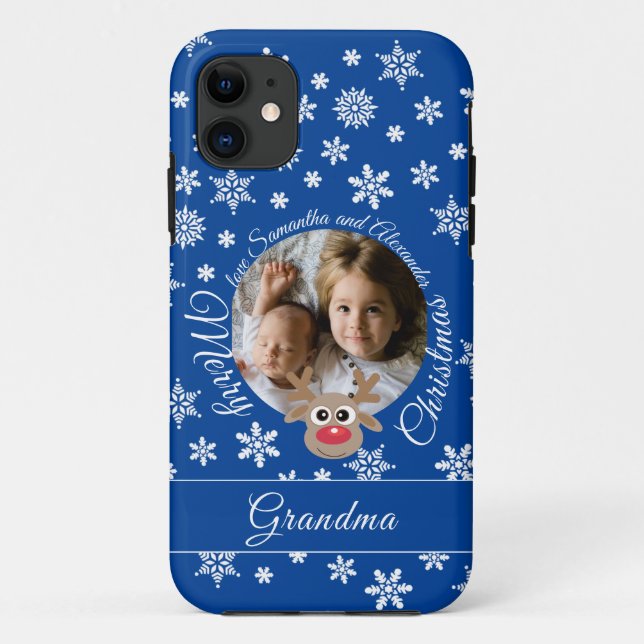 Photo Christmas Blue Cute Reindeer White Script Case-Mate iPhone Case (Back)