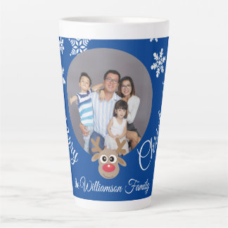 Photo Christmas Blue Cute Reindeer White Script Latte Mug