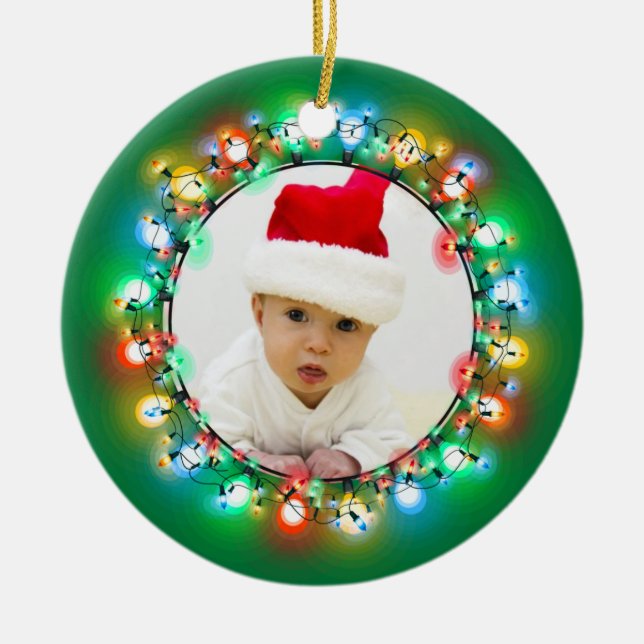 Photo Christmas Bulbs with Green Background Ceramic Tree Decoration (Front)