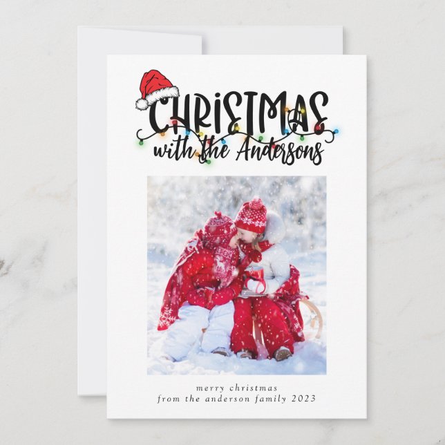 Photo Christmas Card Santa Hat String Lights (Front)
