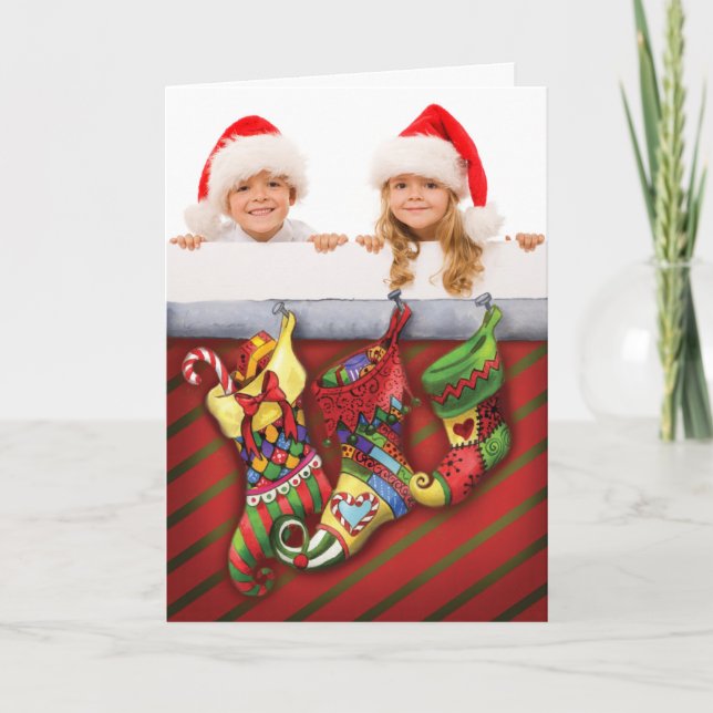 Photo Christmas Card with Red and Green Stockings. (Front)