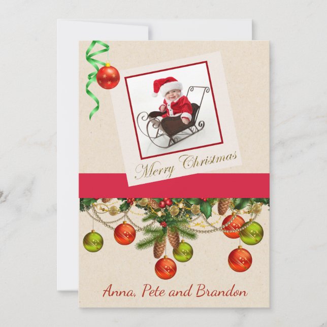 Photo Christmas Card with Sleigh and Greens (Front)