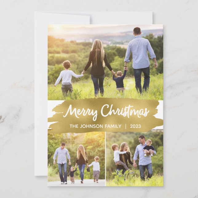 Photo Christmas Cards Three Pictures, Gold Foil (Front)