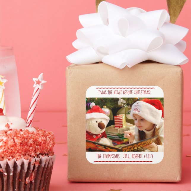 Photo Christmas Family Name Square Sticker (Party)