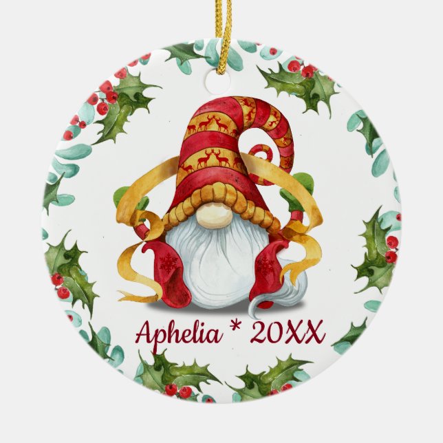 PHOTO Christmas Gnomes Holly Berry Wreath Holiday Ceramic Tree Decoration (Front)