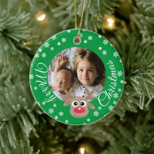 Photo Christmas Green Cute Reindeer White Script Ceramic Tree Decoration